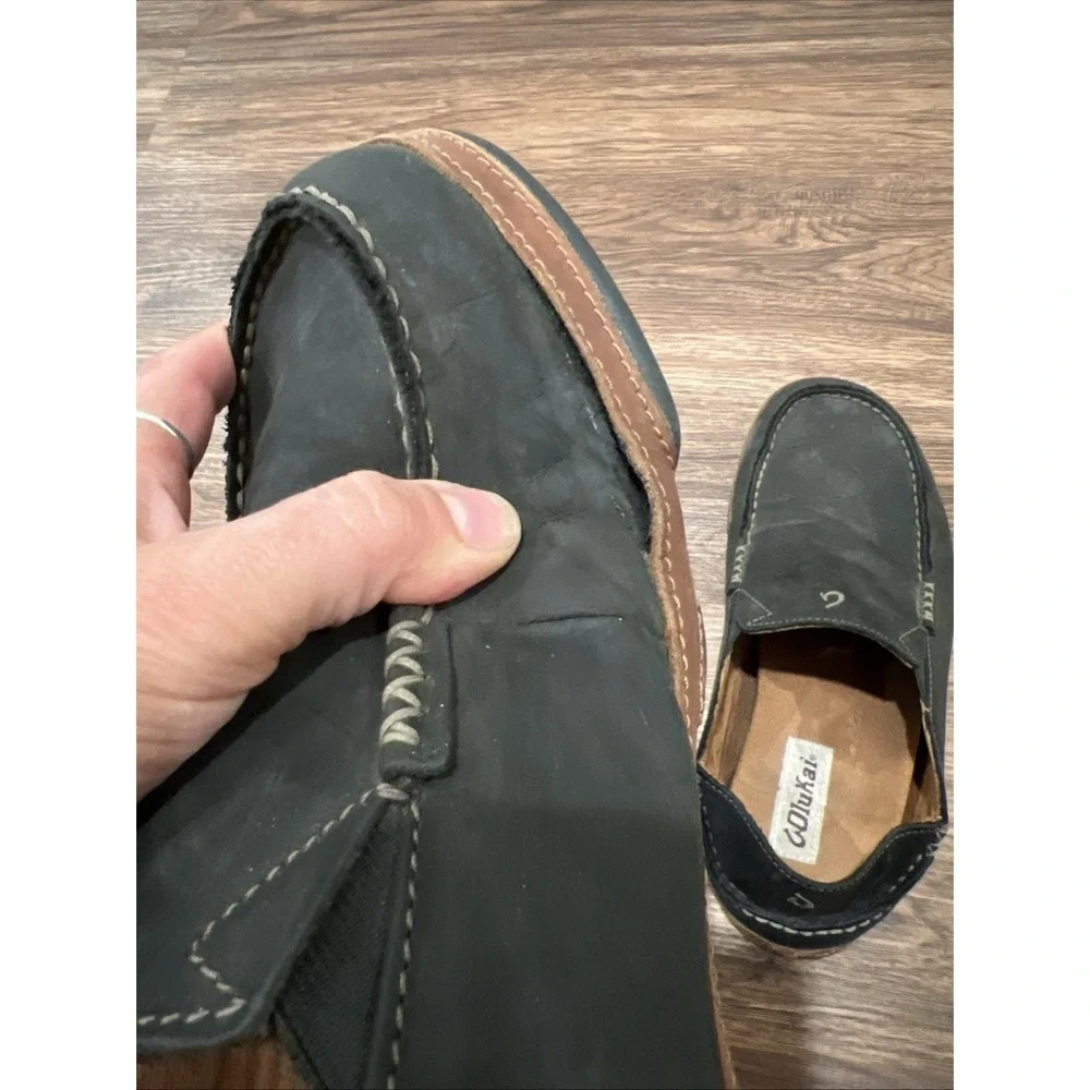 OluKai Moloa Shoes MEN US 9.5/ EU 42.5 Black Leather Slip On Loafers Comfort